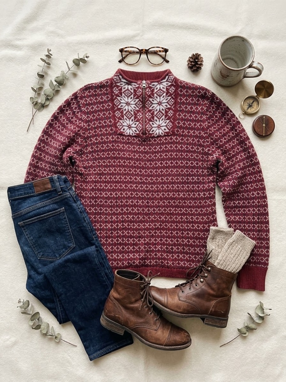 Woolrich Fair Isle Quarter Zip Sweater Burgundy Red Snowflake Size Medium